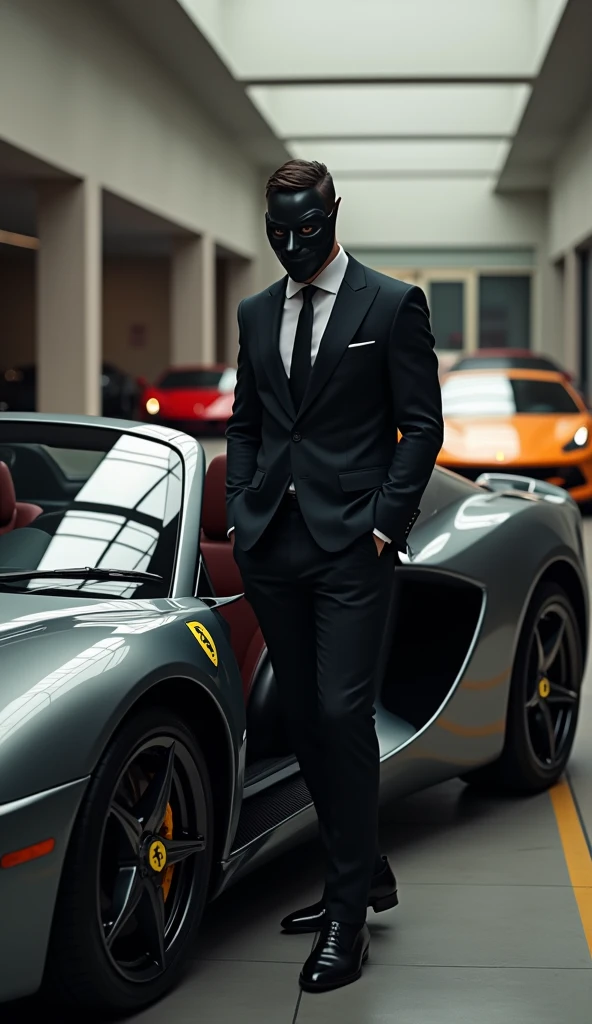 young billionaire man with anonymous mask getting out of a ferrari in a garage of a modern minimalist mansion with many cars ferrari lamborguini mustang porsche