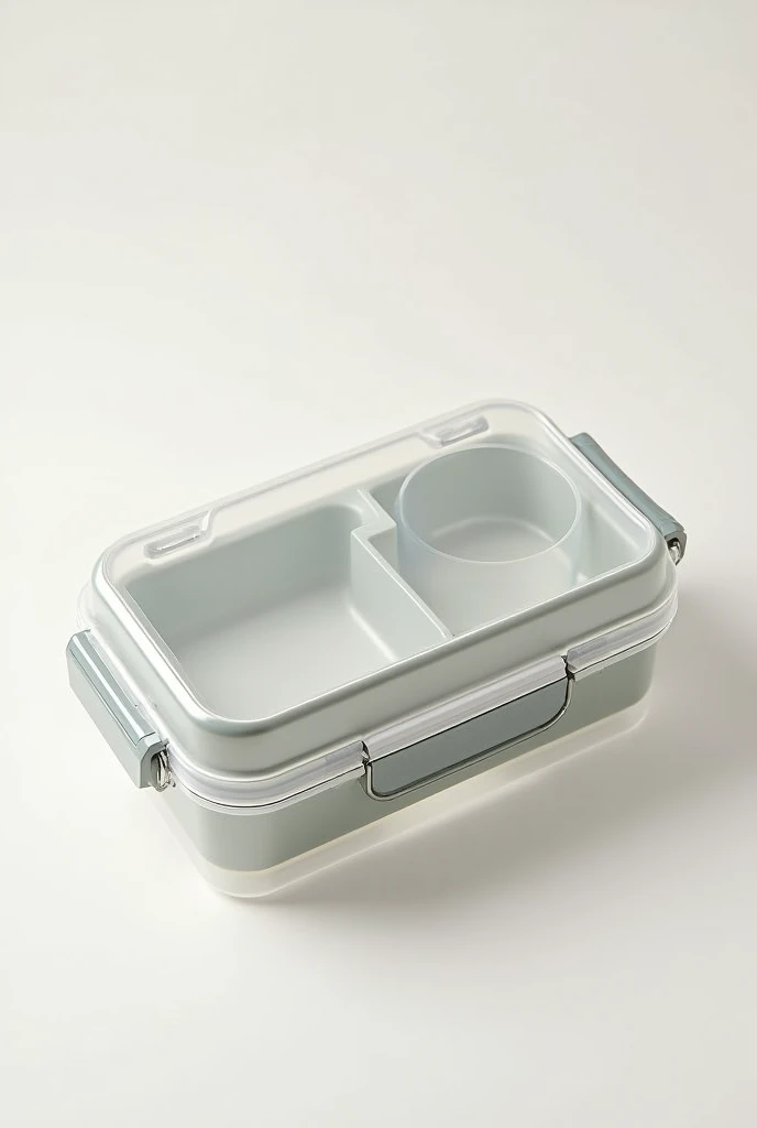 Draw a transparent lunch box packaging with 1 large compartment and 2 small compartments.
