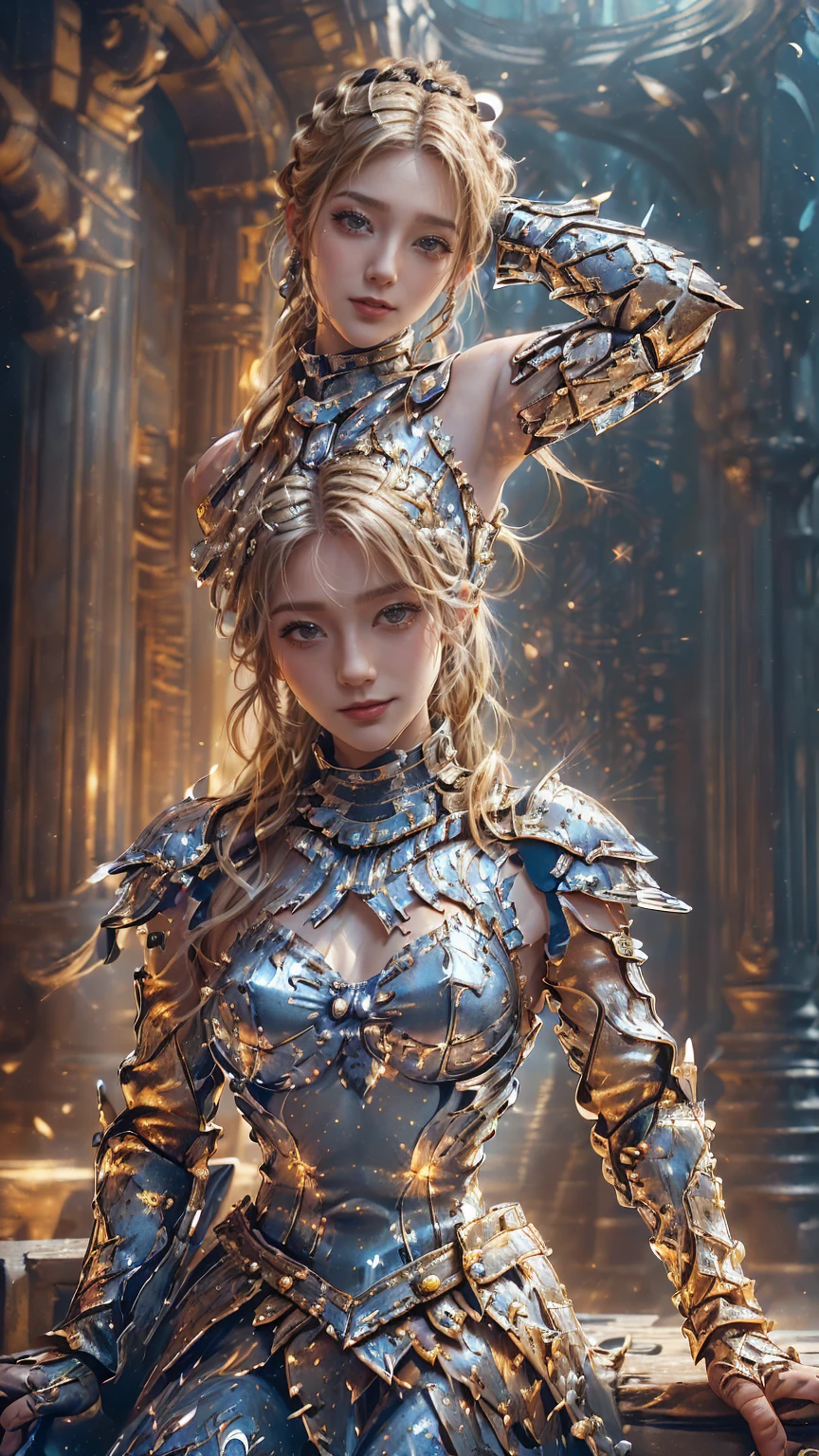 (masterpiece,Highest quality,High resolution:1.2),(One female knight:1.3), (Western Armor,Dress Armor:1.2),(Smiling with teeth showing and eyes narrowed:1.3),(ponytail,blonde,Natural Makeup, With lots of eyelashes:1.3),(Cowboy Shot:1.3),(Old Royal Palace:1.3),(View the subject from below:1.2),(Lustrous pose:1.3),(Show off your armpits,Hands behind head:1.3)