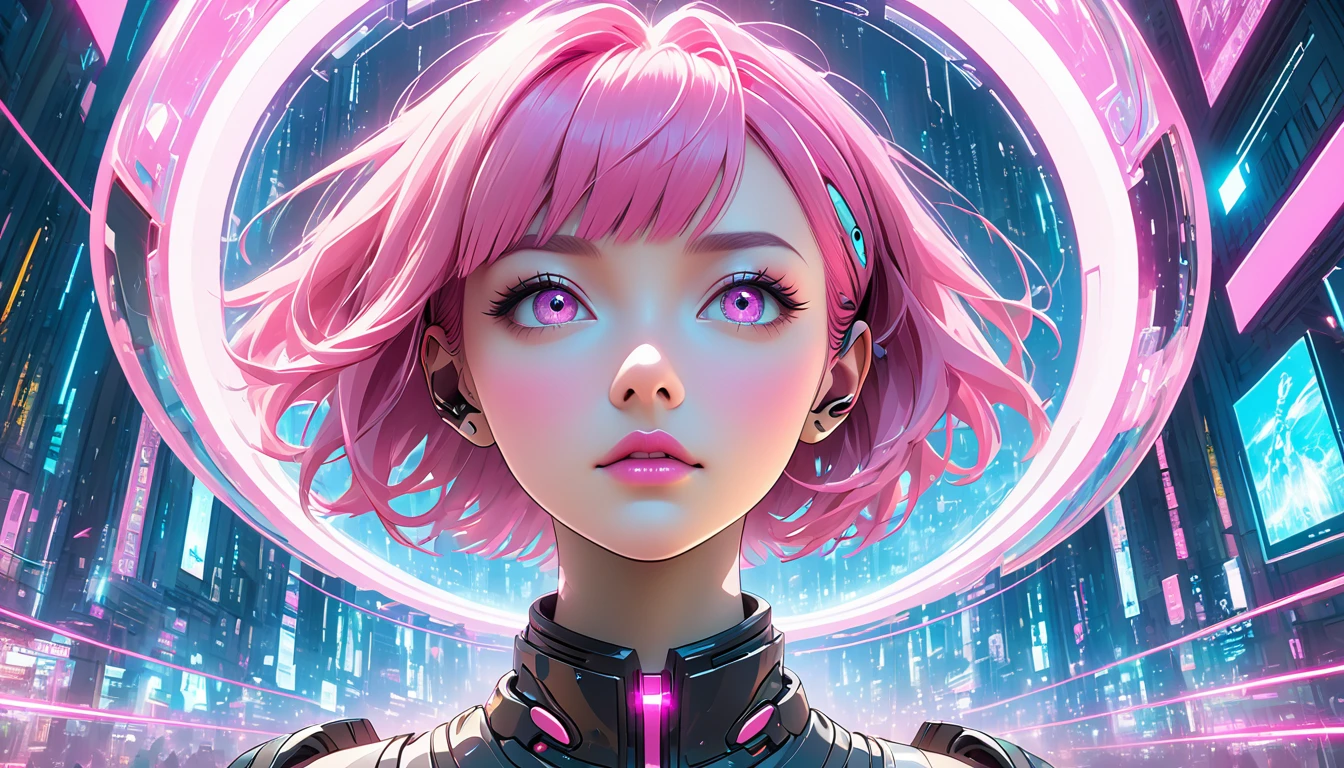 cyberpunk, pink hair, of the future, Surrealism, ultra wide angle, wide angle lens, look up, dynamic movement, express, businesslike, Sacred Edge, laser hologram