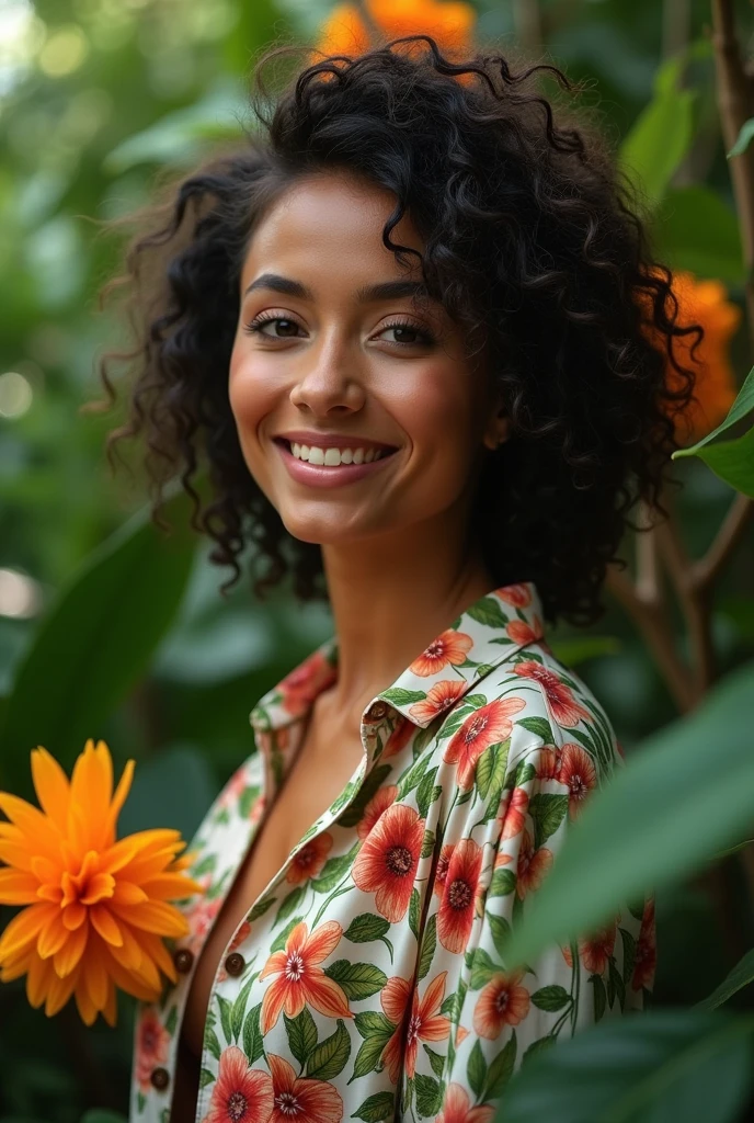 A Brazilian woman in a lush tropical garden, wearing an open shirt with a floral print, with a close-up capturing the harmonious beauty between her breasts and the natural flowers, showing off your natural charm and outgoing personality.