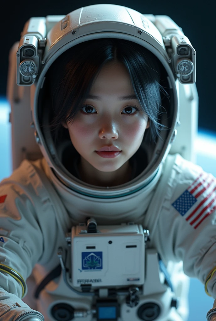 (8k, RAW photo, best quality, masterpiece), (photorealistic), outstanding details, ultra-high resolution, anatomically correct, textured skin, (Extremely precise and accurate anatomy),

(wide lens effect), (outer space), astronaut, extravehicular activity, EVA, weightlessness, zero gravity, spacewalk, 
(Cute Japanese girl , 20-year-old),  upper body


(dramatic lighting), cinematic lighting, 