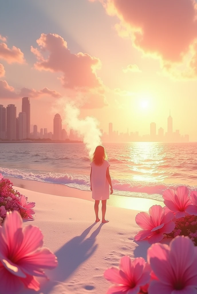 city, Flowers, A delicate scene, null, Baiyun, The setting sun shines on the white beach. bird, pink Flowers and bright big shells, Diamond Crystal, At the Beach, Fantasy, night null, moon, to smoke, fire, photograph, High resolution, 8k, UHigh resolution, Very detailed, high quality, 1080P