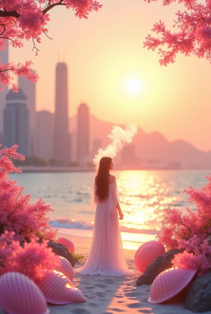 city, Flowers, A delicate scene, null, Baiyun, The setting sun shines on the white beach. bird, pink Flowers and bright big shells, Diamond Crystal, At the Beach, Fantasy, night null, moon, to smoke, fire, photograph, High resolution, 8k, UHigh resolution, Very detailed, high quality, 1080P