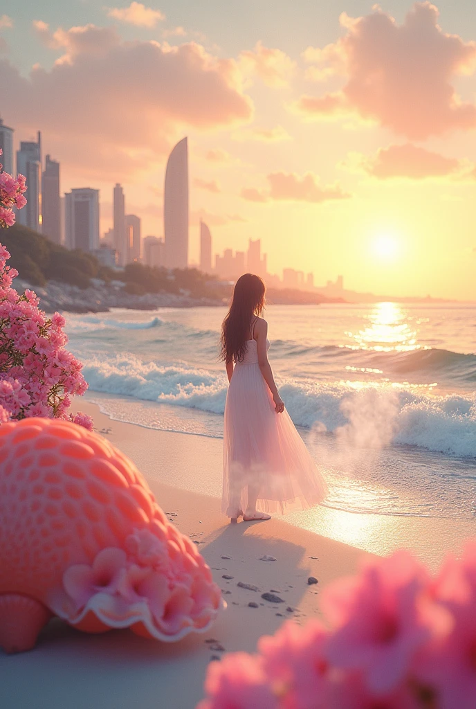 city, Flowers, A delicate scene, null, Baiyun, The setting sun shines on the white beach. bird, pink Flowers and bright big shells, Diamond Crystal, At the Beach, Fantasy, night null, moon, to smoke, fire, photograph, High resolution, 8k, UHigh resolution, Very detailed, high quality, 1080P