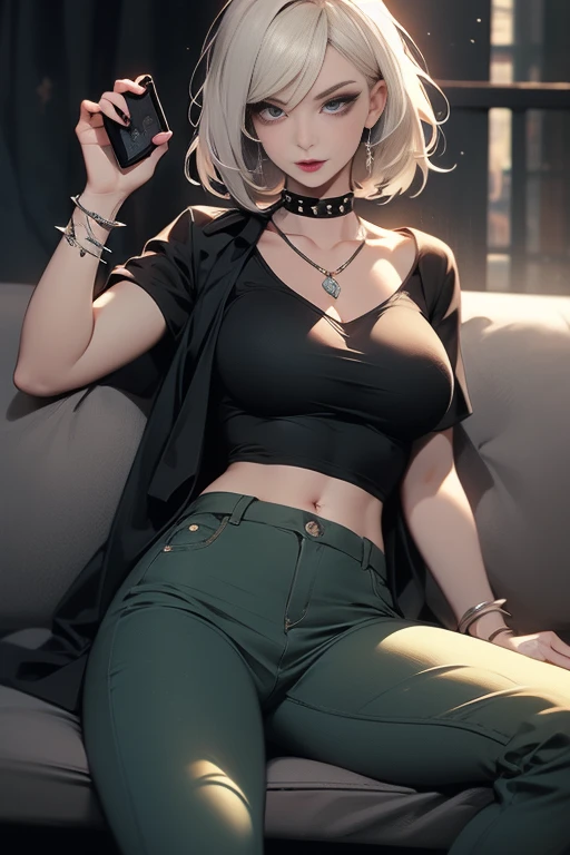 gothic woman, pale skin, black lipstick, pelo negro largo y liso con flequillo, spiked choker, ropa negra, pechos grandes, cintura delgada, Caderas anchas, cara atractiva, camiseta negra, pantalones cortos negros, spiked bracelet, Talking on a cell phone, en una llamada de celular, sitting on the couch