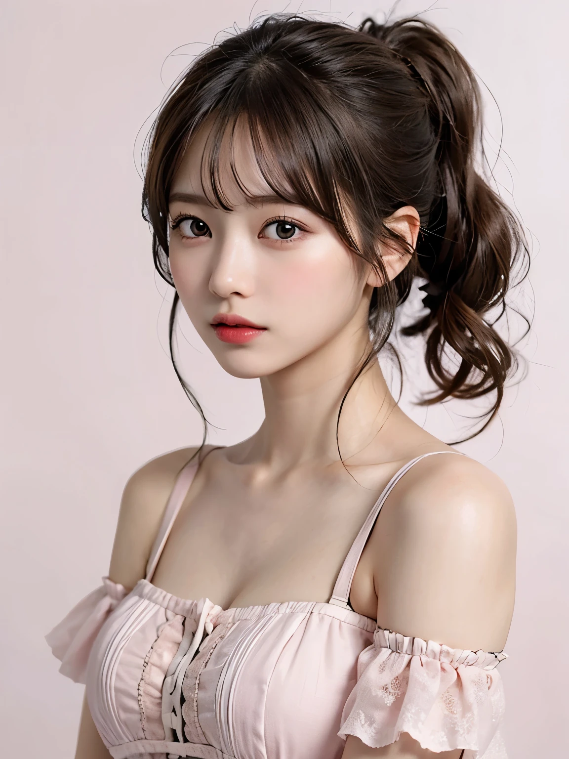 2girl,dress、Angle of view for bust up、beautiful shoulders、zoom out、soft curl hairstyle、high resolution、thin waist、high tone hair color、korean idol、realistic eyes、beautiful eyelashes、High resolutionの顔、pink background、20 years old、pink dress stay piece, best quality, illustration, Super detailed, fine details, High resolution, 8K Dende Wallpaper, beautiful detailed eyes, random cute hairstyles, C cup breasts, natural color lip