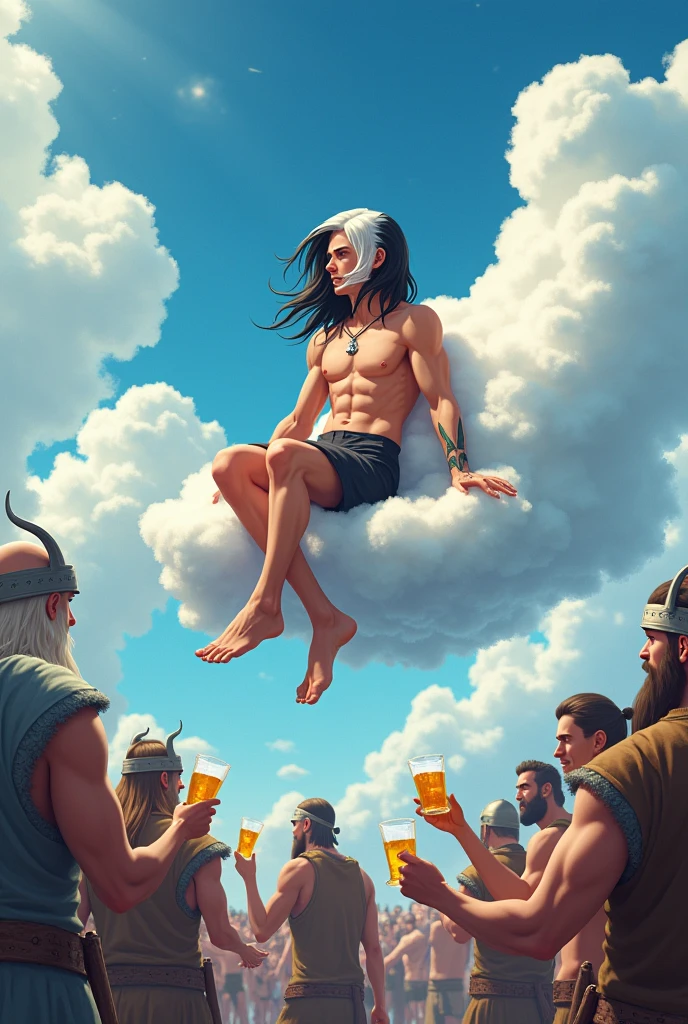 young man god of happiness his hair is black and the roots are white Scandinavian god of fun, 160 height, medium length hair black white, athletic build, sits on a cloud, below people drink beer and have fun, people look like Vikings, anime style 