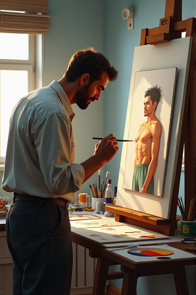 A painter making sure that the measurements and colors of his piece is correct