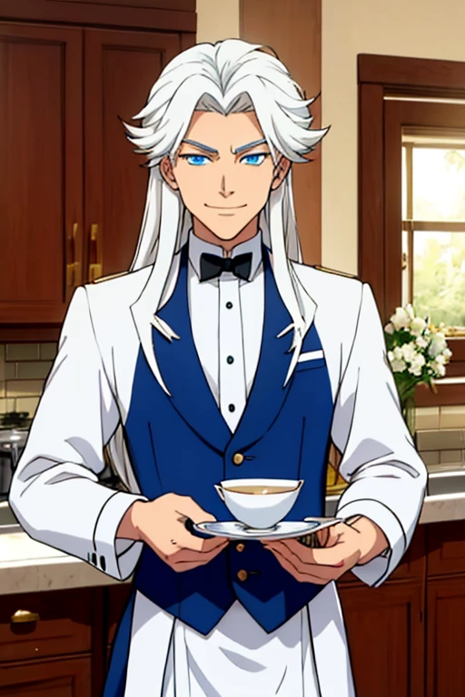 Perfect face. Perfect hands. A young white haired man with blue eyes and long hair in a butler's uniform is smiling while making tea in a fancy kitchen