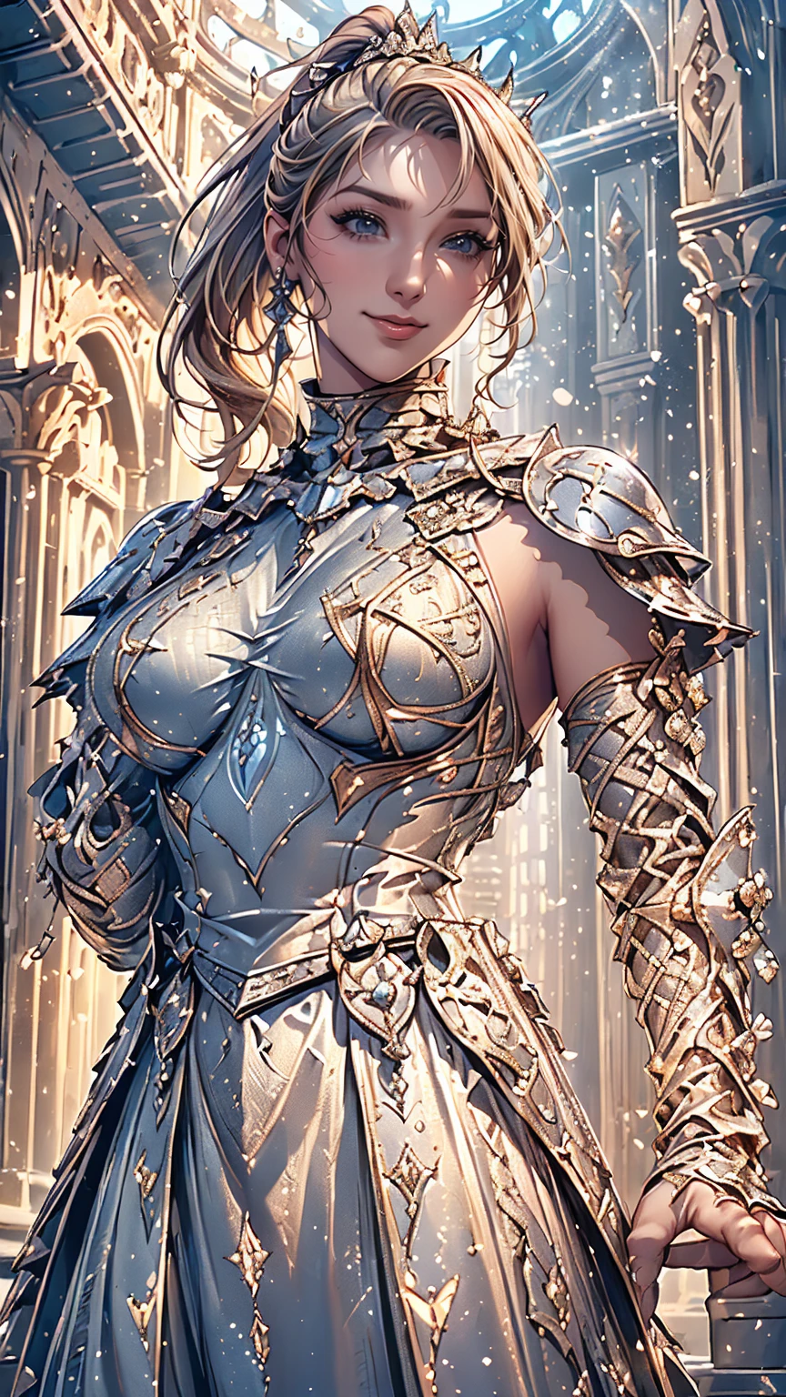 (masterpiece,Highest quality,High resolution:1.2),(One female knight:1.3), (Western Armor,Dress Armor:1.2),(Smiling with teeth showing and eyes narrowed:1.3),(ponytail,blonde,Natural Makeup, With lots of eyelashes:1.3),(Cowboy Shot:1.3),(Old Royal Palace:1.3),(View the subject from below:1.2),(Lustrous pose:1.3),(Show off your armpits,Hands behind head:1.3)