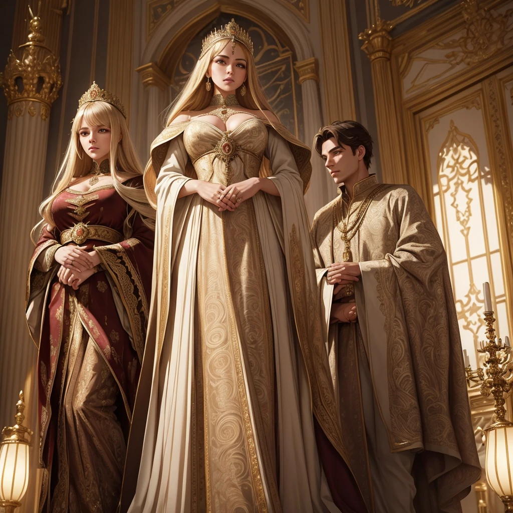 NSFW, ((masterpiece, best quality, extremely detailed, absurdres)), Create a high-resolution, highly detailed anime-style illustration that captures the grandeur and elegance of a medieval Western royal family. The illustration should feature a king, queen, and princess, each radiating an aura of nobility and power. The royal family is depicted in a luxurious setting, surrounded by opulent decorations and ornate elements that emphasize their status. The king stands tall, exuding authority and wisdom; the queen, graceful and composed, reflects regality; and the princess, youthful yet poised, symbolizes hope for the future. The subjects are dressed in richly detailed royal attire, with intricate patterns and designs that showcase their wealth and influence. The overall composition should evoke a sense of awe and respect from those who view it, as if the family is a beacon of leadership and power. The lighting is soft yet dramatic, enhancing the textures and depth of the characters and their surroundings. The background is an elaborate palace interior with grand pillars, velvet drapes, and majestic chandeliers. The illustration should maintain a balance between realism and the softness typical of anime art, ensuring that every detail, from the characters' facial expressions to the smallest elements in the background, contributes to the overall impact of the piece. --royal family, --Noble Princesses, --sexy, --erotic
