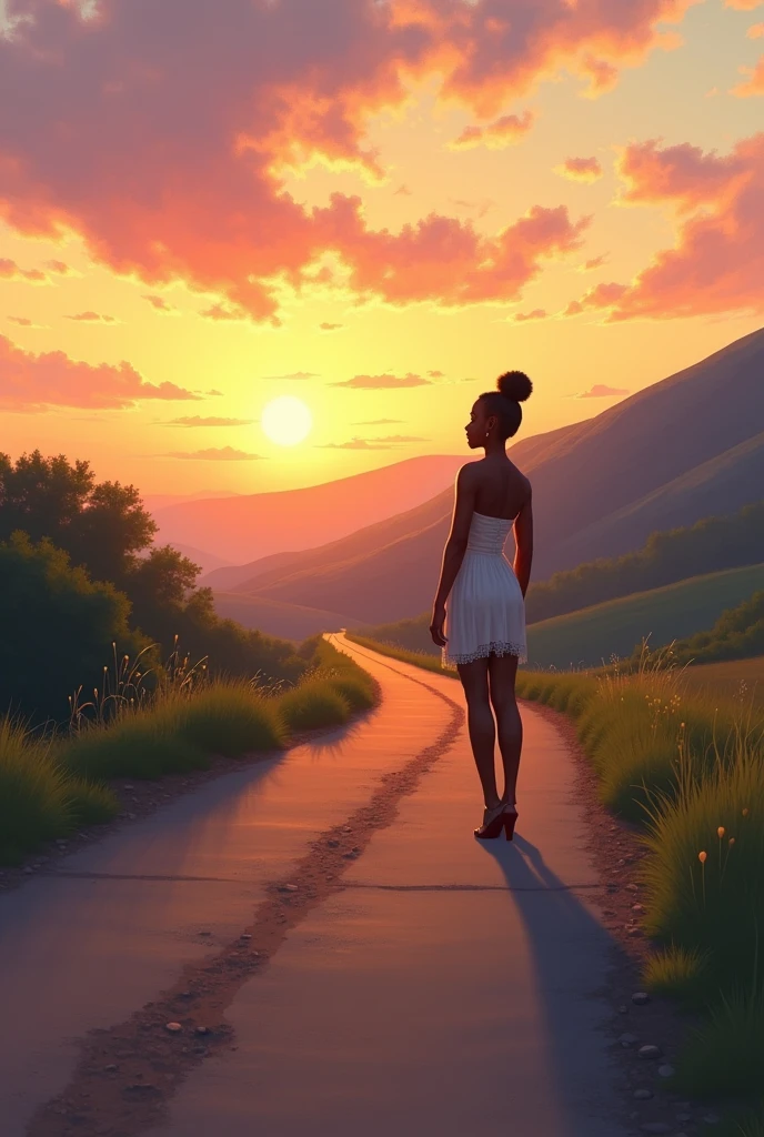 Sun set and road long distance one black girl 