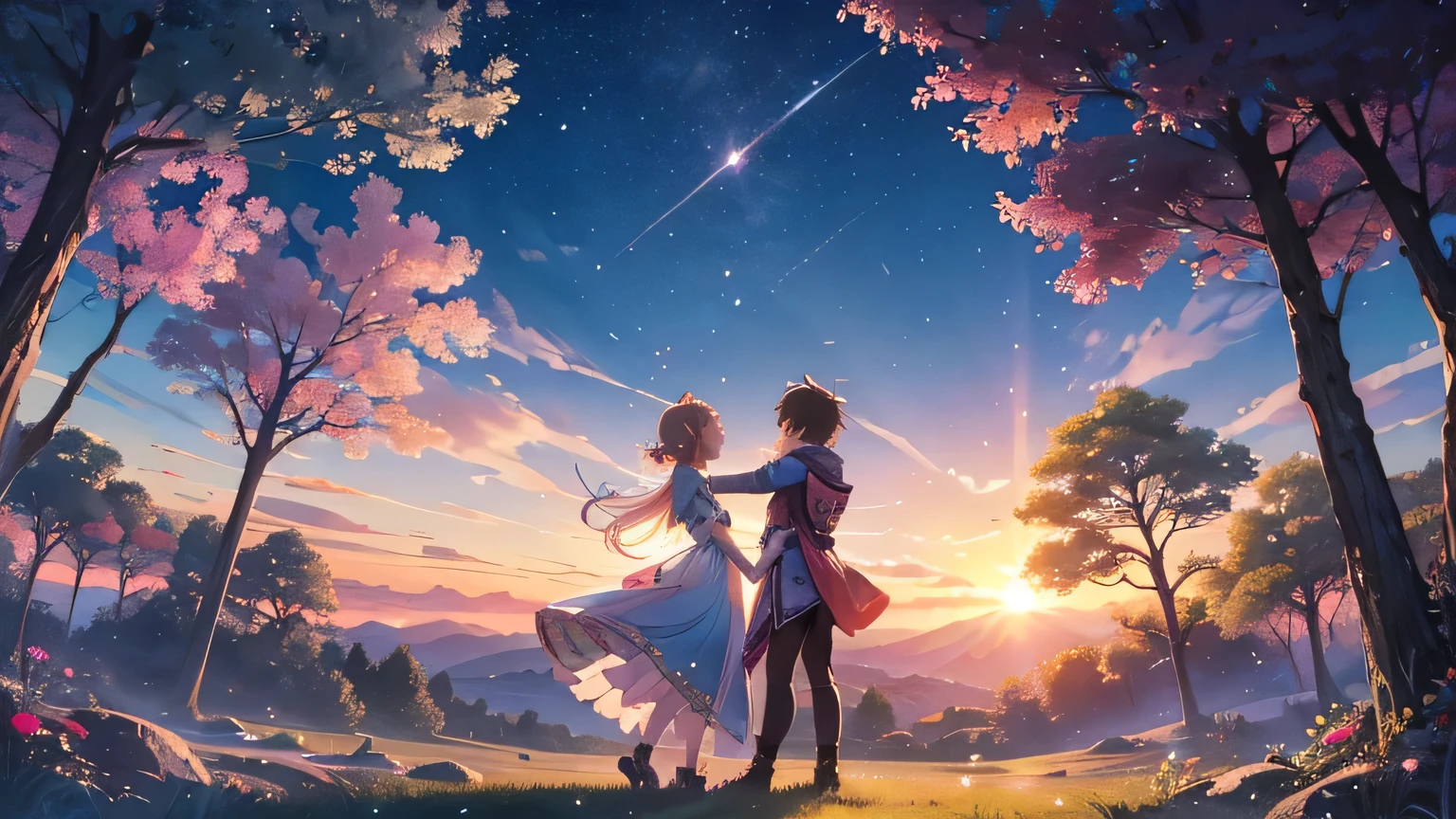 Create an anime-style illustration with a theme of a fairyland at dusk。A fantastic landscape with the soft light of the setting sun.、It depicts a scene of fairies and fantastical creatures dancing gracefully.。To be accepted from both male and female perspectives、In a heartwarming atmosphere、Please make your design enjoyable for all ages.。The color is soft、With delicate details、Give it a dreamy feel。