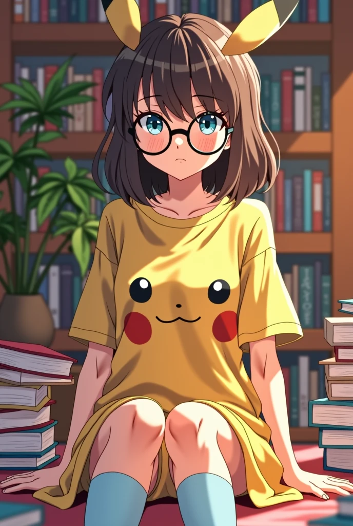 Full body drawing of a young anime style woman, with blue eyes, shoulder length brown hair, wears an oversized Pikachu shirt that goes down to her knees and a pair of baby blue socks. Wears glasses and has a nerdy, awkward vibe. She is sitting in her room surrounded by books.

