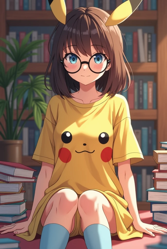 Full body drawing of a young anime style woman, with blue eyes, shoulder length brown hair, wears an oversized Pikachu shirt that goes down to her knees and a pair of baby blue socks. Wears glasses and has a nerdy, awkward vibe. She is sitting in her room surrounded by books.
