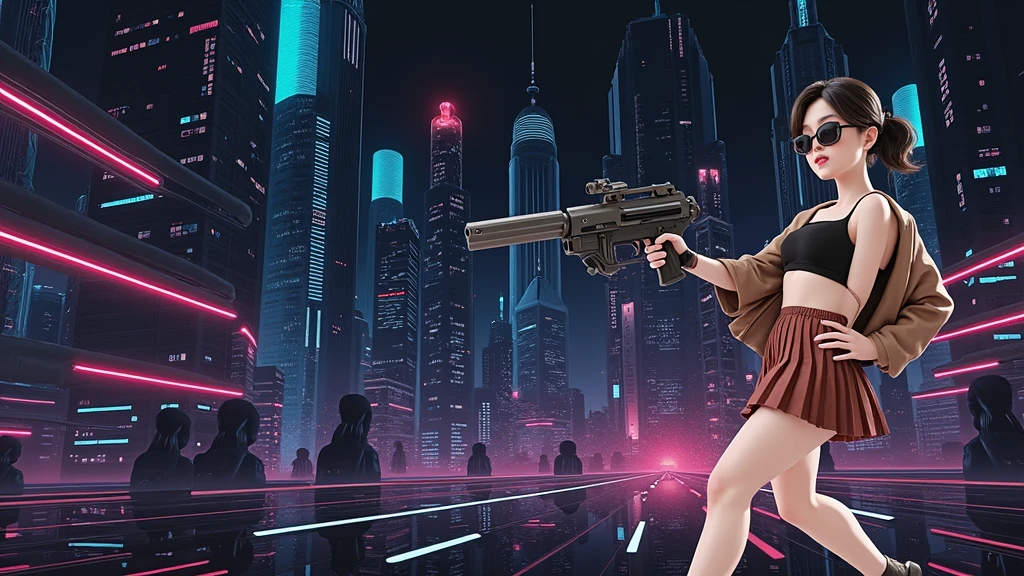 Futuristic cityscapes with colorful all-glass outlined towering skyscrapers with lightning, flying vehicle. High-resolution OLED GUI interfaces in the building, The windows are filled with transparent data visualization infographics that show it all, Egyptian fantasy arts, Egyptian statue, Egyptian hieroglyphics. Colors are saturated and vibrant. At night, (1girl, solo, alone), photorealistic, large-breast slim:0.6 body, oval:0.5 face, cleavage:1.1, very low angle view of pleated miniskirt, deep-v, (upskirt), glove, (Matrix style black micro sunglasses), (aiming viewer with a short gun), dynamic running pose, (half-body thigh level close-up shot), cinematic lighting, ray tracing, motion blur background.