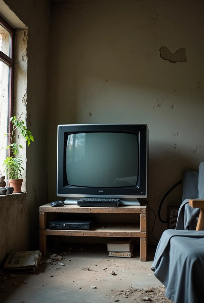 make a television on a shelf, make it more middle class, remove that gray cloth from the end and remove that plant from the shelf, remove those pictures and make it more slum-like, just change the television for a more up-to-date one and make the environment the same slum-like