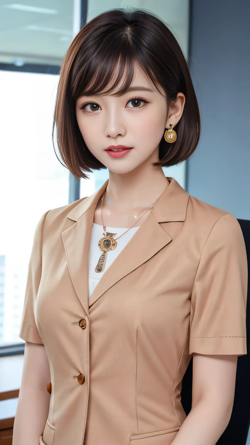 RAW Photos, High resolution, Very detailed, Intricate details, 、ear piercing、Expressionless、short hair、Black Hair、Open your mouth a little、Clear beauty,(High quality fabric, Office Lady Suits 、Necklace around the neck、, The background is the office