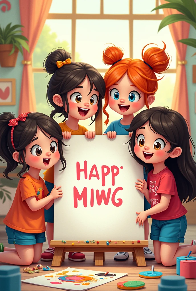 Create a funny picture of many 2D cartoon girls writing "Beautiful Things Inside Here"
