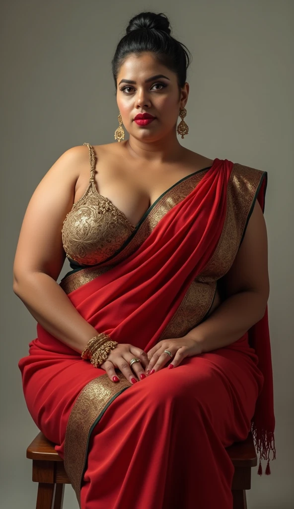 A full-body portrait of wolf cut hairstyle erotic hindu wife, sitting on chair, full portrait  from top to bottom, front facing, 4K, super realistic, huge breast, super big fake lips red lipstick super delicious body saree bra chubby body, full body