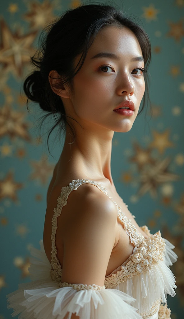 (High resolution,masterpiece:1.2),(Realistic:1.37)"(Highest quality, High resolution, Very detailed, Realistic),Portrait of a beautiful Japanese ballet dancer from the 19th century, (She is half Japanese and half Kenyan., She is a beautiful woman with deep brown eyes and a high nose.:1.1), Exquisite ballet costumes, Detailed facial features, Long and graceful neck, Flowing locks of hair, Calm and elegant posture, Soft and delicate lighting, Vibrant colors, Delicate background with star motif", Dreamy atmosphere, Surrealism,Mysterious Aura
