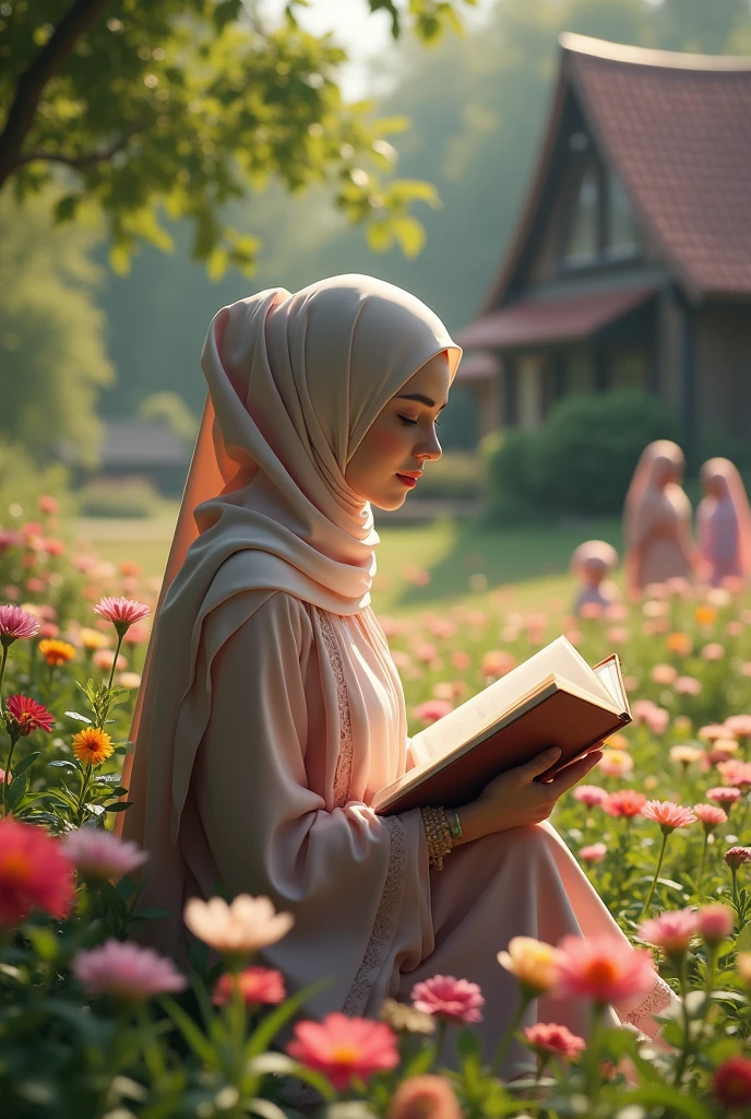 (photorealism:1.2), beautiful woman, wear hijab, sitting in a flower garden, reading a book, there is a house in the back, Dress up in the latest styles, posing who appreciates the beauty of nature, Family members recreation in the back, family members of two girls 4 boys including mother and father