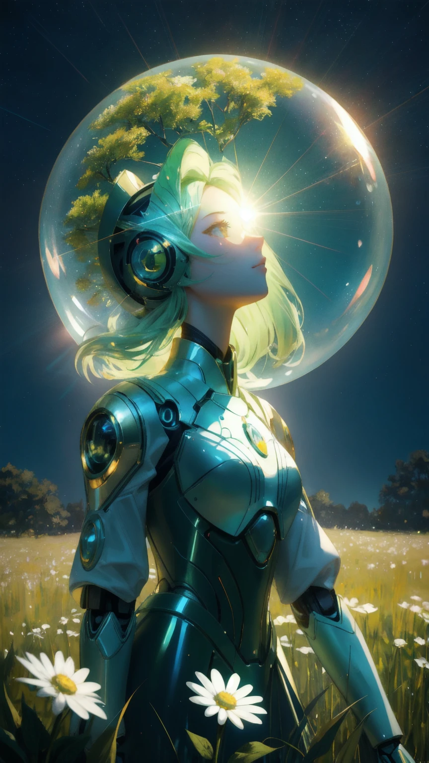 A whimsical scene in a lush green park. A cute anime girl with a spherical, metallic head and large, worried eyes stands on a golden pedestal. Her body is robotic, with a shiny gold and blue surface that gleams and reflects light. She's holding an oversized, detailed sandwich in one hand, looking distressed.
The background is a vibrant green field dotted with trees. A wooden picnic table is visible in the distance. The sky is a clear, bright blue. Dramatic light bursts and lens flares fill the air, with a particularly large, star-like light source in the upper left corner.
Magical golden rays and sparkles emanate from the girl's body and the surrounding environment. The lighting is intense and ethereal, creating a surreal atmosphere.
In the foreground, a white daisy and other small plants peek through the grass. The image has a hyper-realistic 3D rendered style with vivid colors and intricate details.
The overall effect is a blend of technology and nature, with the anime girl-robot appearing both out of place and magically integrated into the serene park setting. The image conveys a sense of wonder, confusion, and perhaps a touch of humor with the contrasting elements