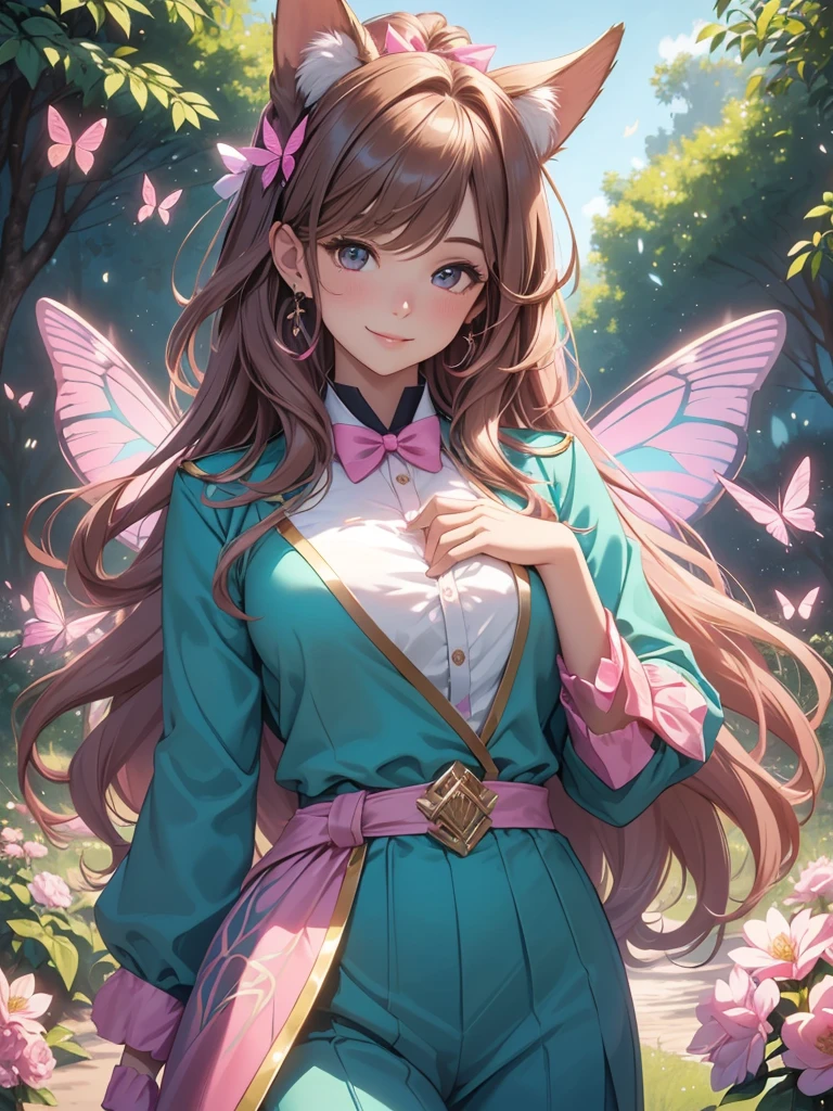(best quality,4k,8k,highres,masterpiece:1.2),ultra-detailed,(realistic,photorealistic,photo-realistic:1.37),acrylic painting,beautiful Brazilian model in a uniform outfit with downy hair,beautiful Brazilian model with extremely colorful brown hair and detailed facial features,beautiful Brazilian model standing in a beautiful garden sakura flowers, long hair,cat ears, hair bows, teal and pink uniform outfits, smile, happy face,light brown hair,erflies, brown eyes, matuan, older woman, 30 year old, adult woman. Older lady, posing,Solo, teal and pink butterflieutterfly, haiws