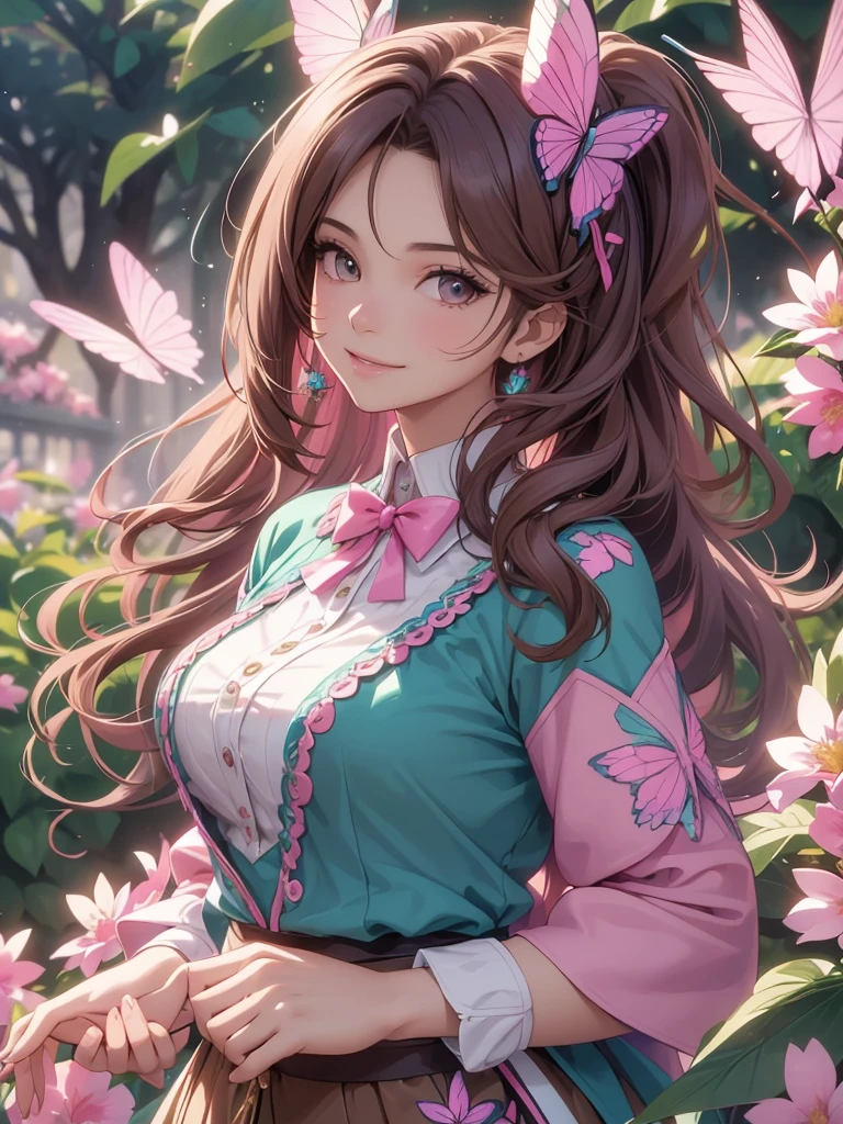 (best quality,4k,8k,highres,masterpiece:1.2),ultra-detailed,(realistic,photorealistic,photo-realistic:1.37),acrylic painting,beautiful Brazilian model in a uniform outfit with downy hair,beautiful Brazilian model with extremely colorful brown hair and detailed facial features,beautiful Brazilian model standing in a beautiful garden sakura flowers, long hair,cat ears, hair bows, teal and pink uniform outfits, smile, happy face,light  brown  hair,butterflies, brown eyes,  mature woman, older woman, 30 year old, adult woman. Older lady, posing,Solo, teal and pink butterflies, butterfly, hair bows