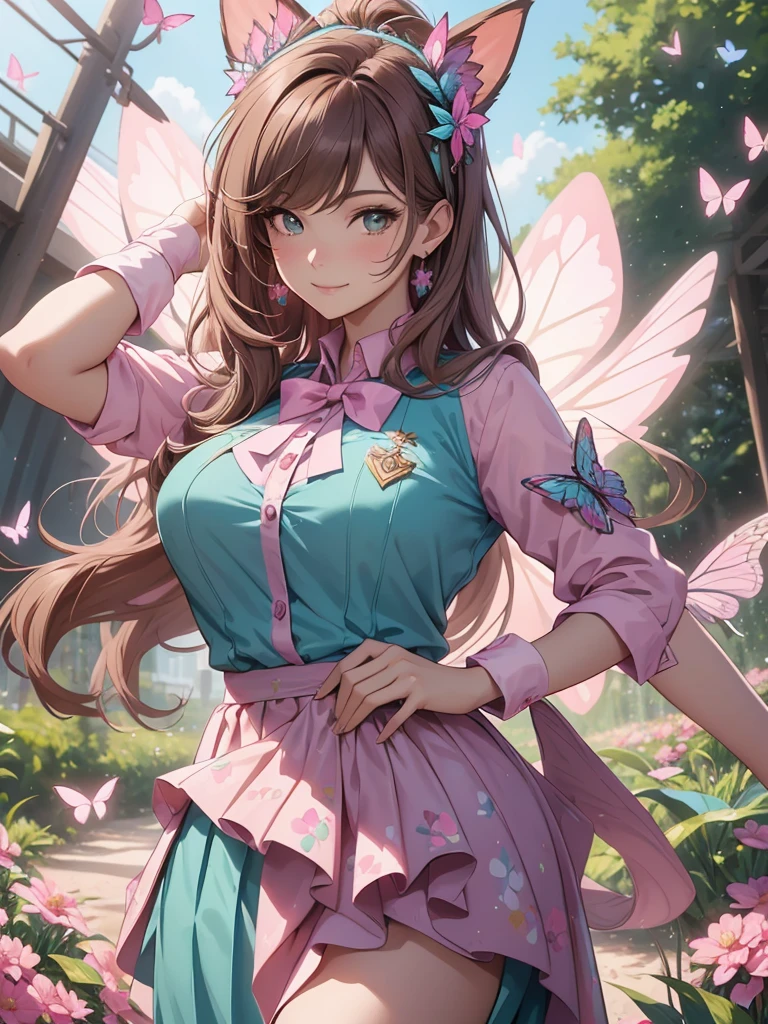 (best quality,4k,8k,highres,masterpiece:1.2),ultra-detailed,(realistic,photorealistic,photo-realistic:1.37),acrylic painting,beautiful Brazilian model in a uniform outfit with downy hair,beautiful Brazilian model with extremely colorful brown hair and detailed facial features,beautiful Brazilian model standing in a beautiful garden sakura flowers, long hair,cat ears, hair bows, teal and pink uniform outfits, smile, happy face,light brown hair,butterflies, brown eyes, mature woman, older woman, 30 year old, adult woman. Older lady, posing,Solo, teal and pink butterflies, butterfly, hair bows
