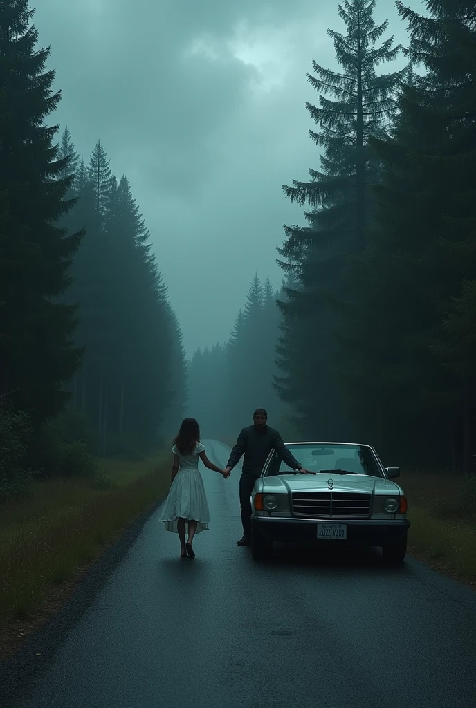 car stopped on a deserted road, with dense forest around, offering help to a woman in a white dress lost on the road, dark and scary weather