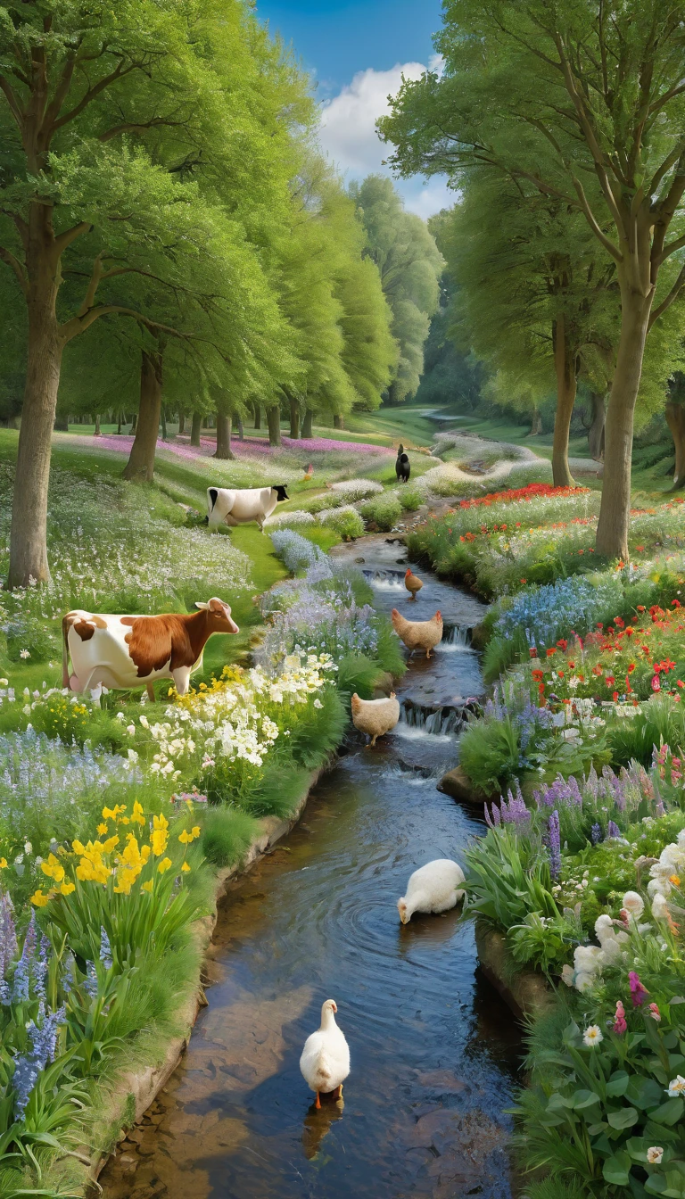 A forest surrounded by flowers, with a stream running through it. Birds, ducks, chickens, and lambs are wandering around. A woman is milking her cow