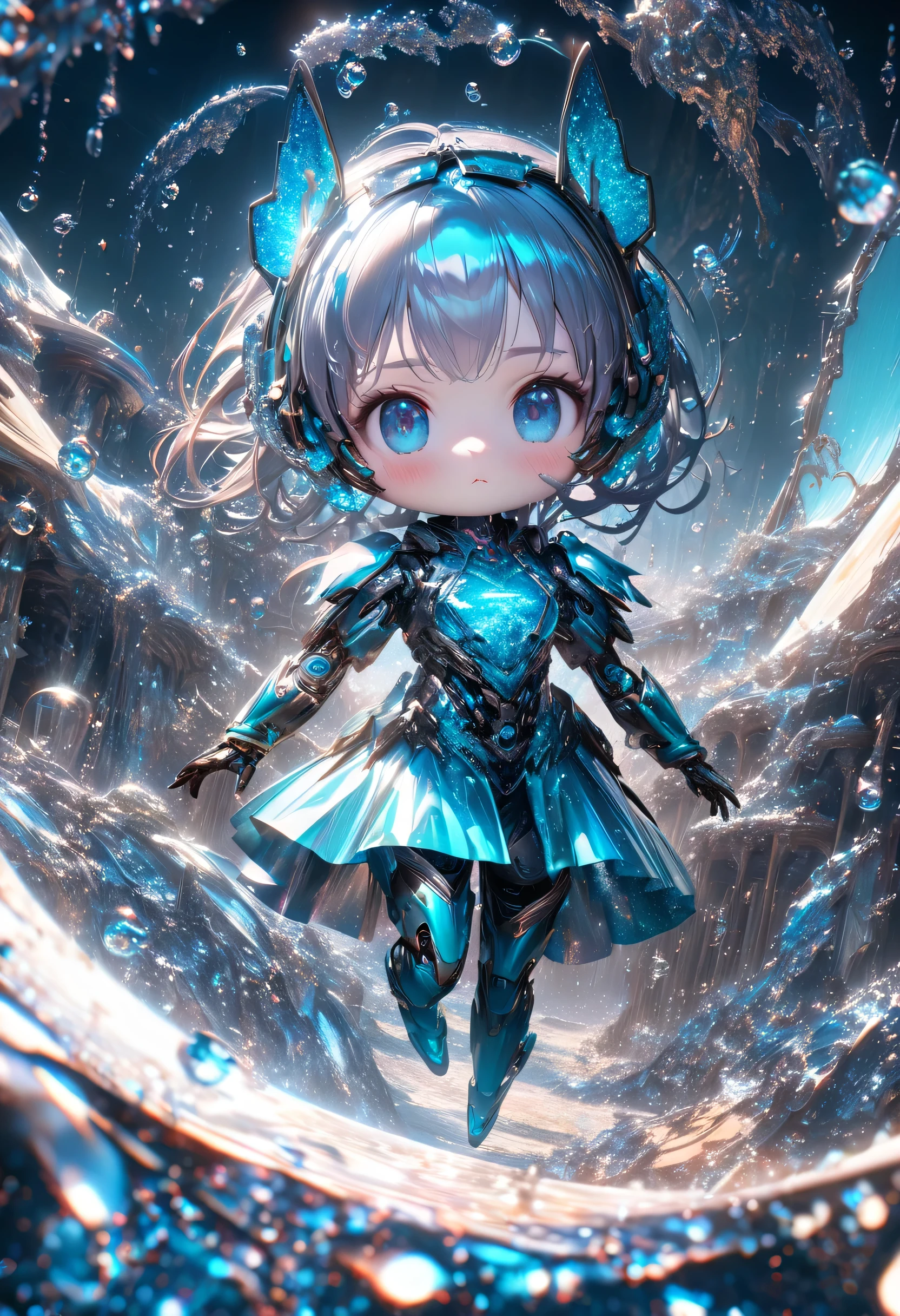 Conceptual installation fantasy art, Cute chibi animal-based android cyborg trapped in falling ice droplets, The background is iridescent metallic Tiffany blue, (Super detailed, The absolute solution, Highest quality:1.3), 2.5D, Subtle and dynamic effects, Glitter effect, Artistic photography, Ultra-realistic, Graphics CG Digital Art