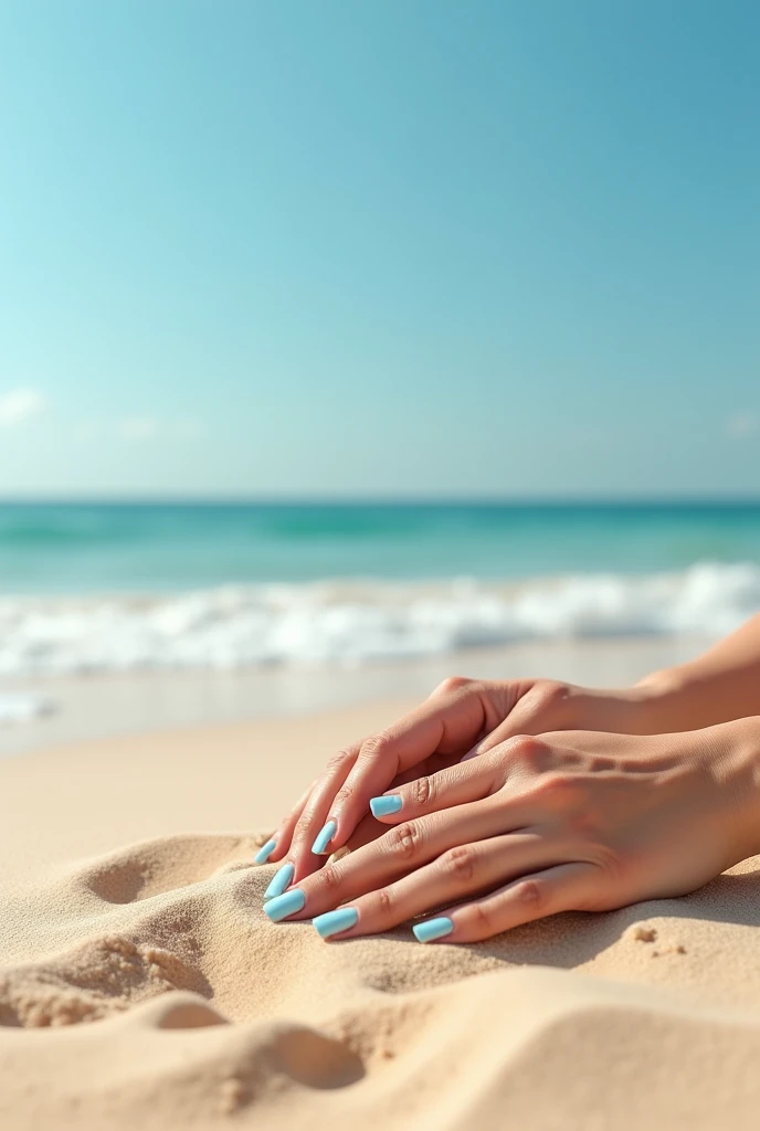 Light blue French nails、Sandy beach background、Ultra HD