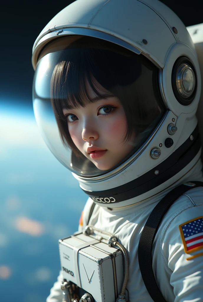 (8k, RAW photo, best quality, masterpiece), (photorealistic), outstanding details, ultra-high resolution, anatomically correct, textured skin, (Extremely precise and accurate anatomy),

(wide lens effect), (outer space), astronaut, extravehicular activity, EVA, weightlessness, zero gravity, spacewalk, 
(Cute Japanese girl , 20-year-old),  upper body


(dramatic lighting), cinematic lighting, 