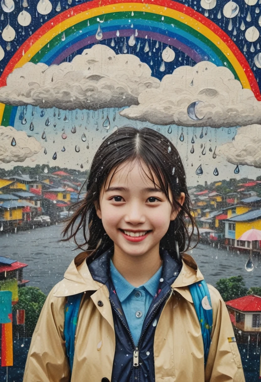 (masterpiece, best quality),
woodblock print collage depicting, girl,smile,she is surrounded by rainbow and raindrop symbols,detailed face,school-uniform,street,rain coat,typhoon and cyclone and hurricane,colorful, collage art, contemporary artistic collage,