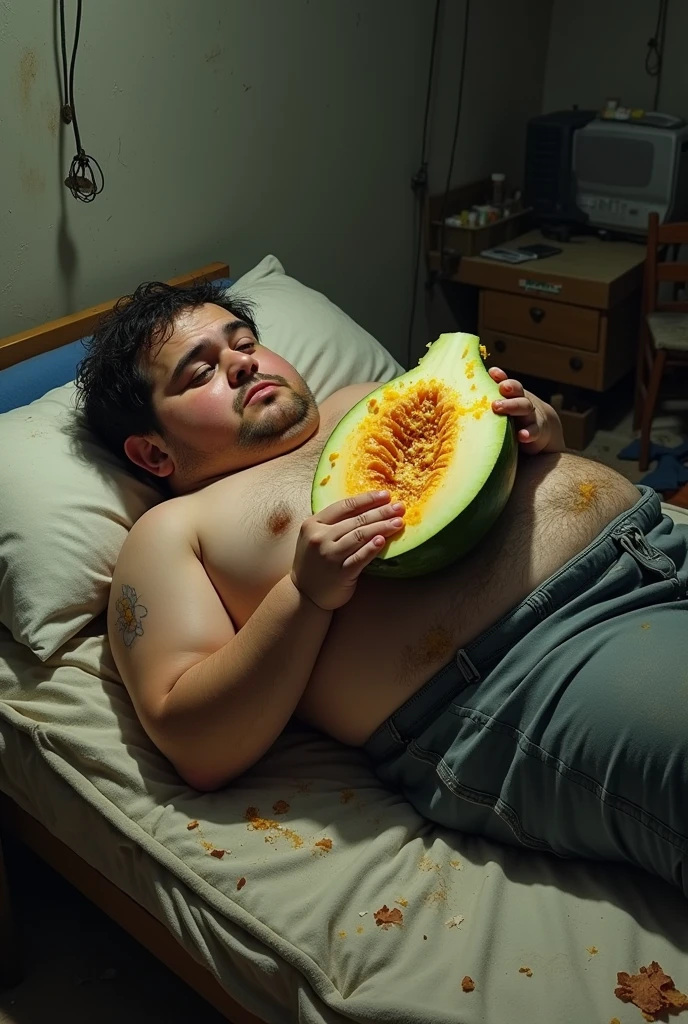 Fat melon eating Turkish boy stinks and lies on his mattress