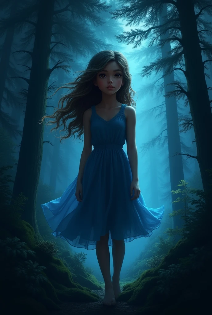 Create an image of a girl standing in a dark black forest, where tall trees seem to envelop her in shadows. Her brown skin shines subtly under the soft blue light that filters through the leaves.. Her brown hair, long and wavy, cascades over her shoulders to her waist, gently moving in the breeze. Her dark brown eyes reflect a gleam of curiosity and courage.. Her dress is not blue.