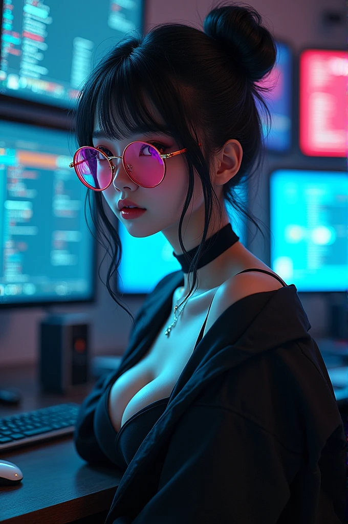 Japames Girl Cute With White Skin With Big Boobs And Pink Glass In Hacker room