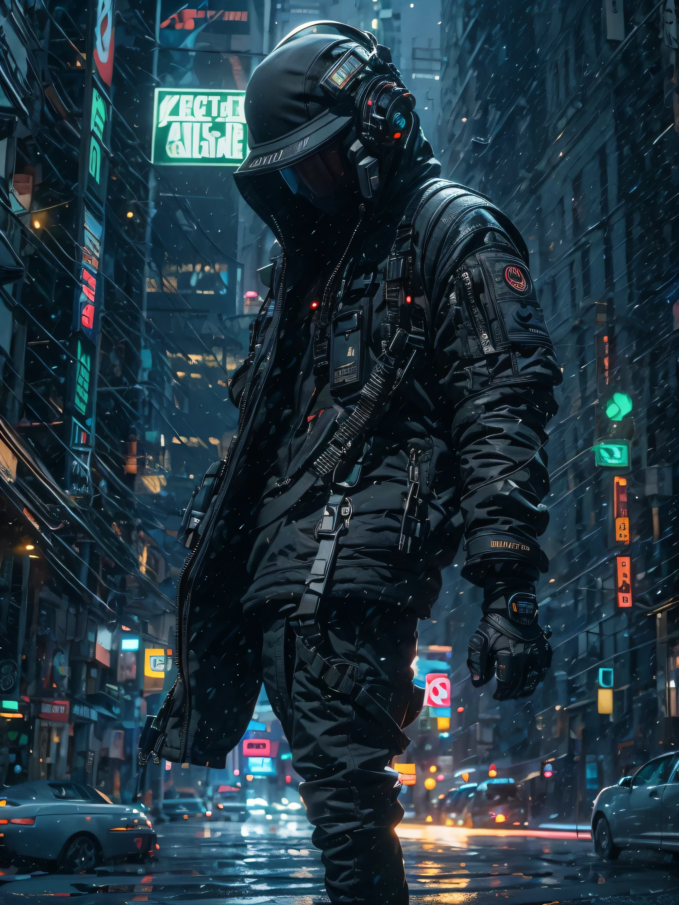 (masterpiece, full body shot, intricate raw photography) Cyberpunk citizen, comfortable oversize black hoodie, black cargo pants, black clothes, dark, wearing a black helmet hitech style Astronaut, intricate, futuristic, advanced technology, dark environment, dramatic, light and shadow, cinematic, action movie, sharpness, random relaxed position, Cyberpunk City, street lights, dark street, night, Insta photo, photo of the year, octane render, substance, Maya 3D, cinema4D, ArtStation Trending, Devian Art Trend,