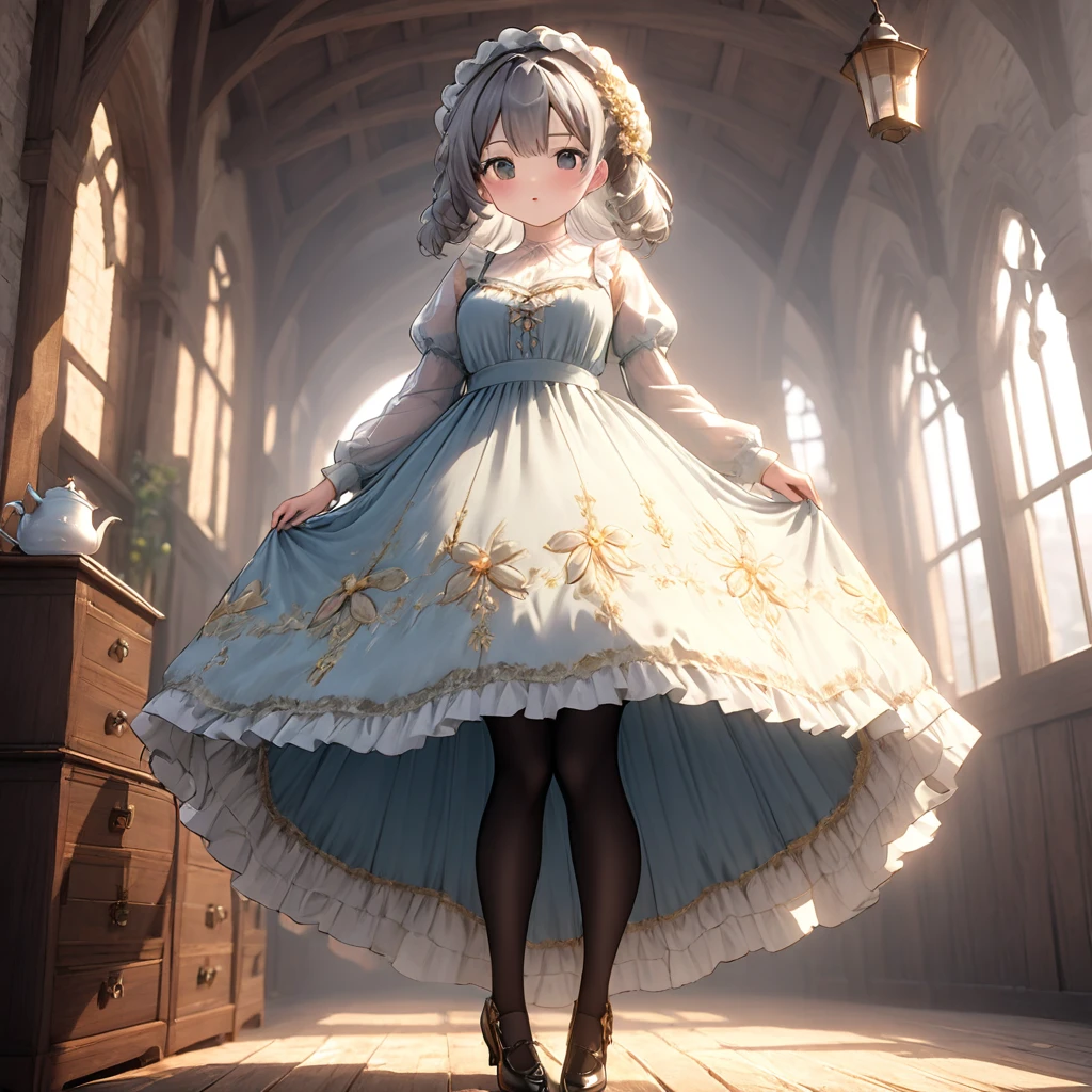 (Highly detailed CG Octane render 8k wallpaper), Girls Underwear, You can see real bloomers made from cotton fabric.., Medieval translucent with panniers(Tea)Long dress, Fabric Realism, Low - Angle, Pull up the dress by hand, Strong winds, Translucent slip, Translucent slip, tights, Highest quality, whole body, I can see your thighs, Silver and gold embroidery
