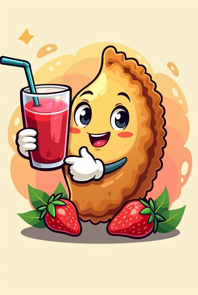 make me a logo that contains a fried empanada in the shape of a character holding a strawberry juice