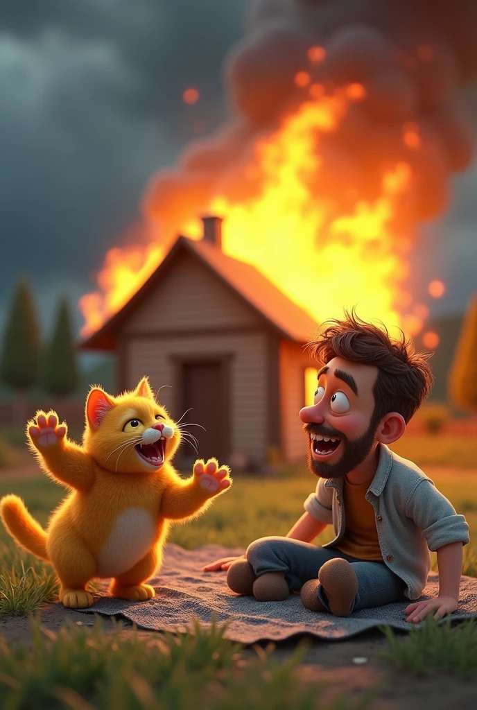 You are now a 3D drawing expert. A yellow cat hitting a sleeping man who sees a house on fire.