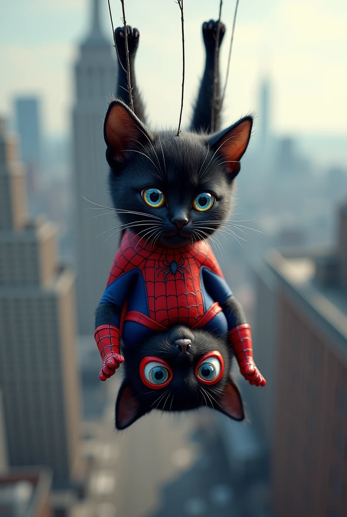 Spider-Paw" - A small, agile black cat with a red and blue suit that has web patterns like Spider-Man. The cat has big, expressive eyes behind a tiny mask, and it's hanging upside down from a web, with a cityscape blurred in the background.