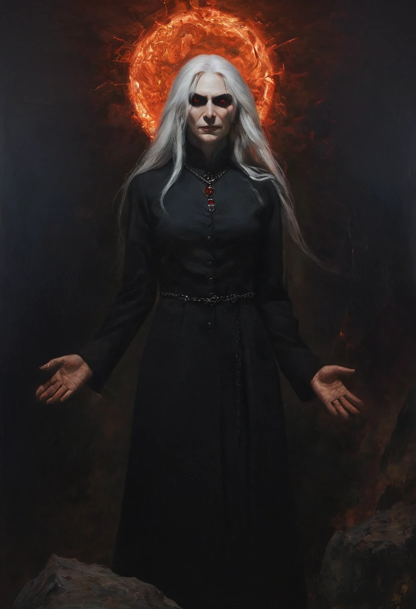 painting of a demonic beautiful devil woman,dressed in a black business suit, long white hair, sinister grin, glowing eyes, full-length against the backdrop of hell, powerfully and depravedly sitting on a black stone on a hill, Boris Valeggio, Julia Bell, brutal demons with red glowing eyes on a chain in a collar,on either side of her in the darkness, are  deep shadows, soft lighting, dark atmosphere, cinematic scene, volumetric lights, ultra realistic, in the style of nicola samori