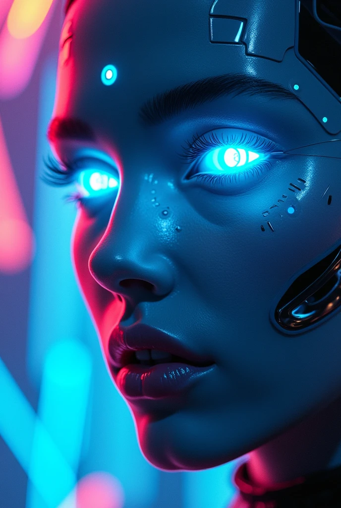 Create an image focusing solely on a human face where only the eyes, nose, and mouth are visible. The features are highly detailed, with the eyes glowing in vibrant, electric blue, and the skin around them emitting a soft, radiant light. The nose and mouth are sleek and smooth, with metallic accents giving them a cybernetic appearance. The background is a blend of dazzling neon colors, with abstract, geometric shapes and patterns pulsating in sync with the facial features. The overall aesthetic is futuristic, with the face appearing almost holographic, set against a backdrop that feels both otherworldly and mesmerizing."