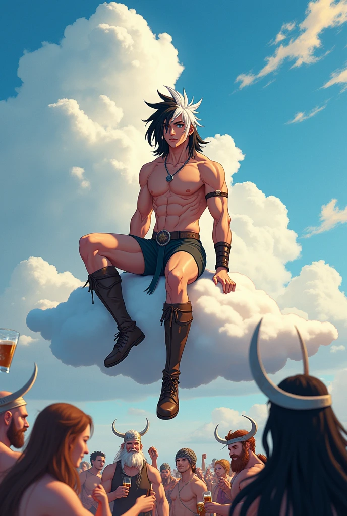 young man god of happiness his hair is black and the roots are white Scandinavian god of fun, 160 height, medium length hair black white, athletic build, sits on a cloud, below people drink beer and have fun, people look like Vikings, anime style