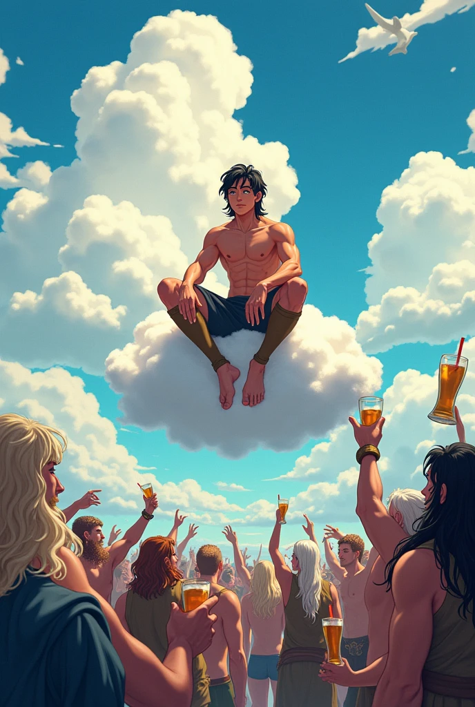young man god of happiness his hair is black and the roots are white Scandinavian god of fun, 160 height, medium length hair black white, athletic build, sits on a cloud, below people drink beer and have fun, people look like Vikings, anime style 