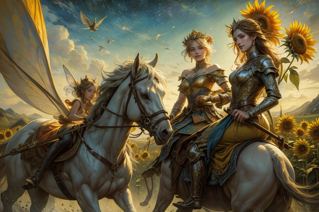 oil on canvas, painting of a 1woman riding a horse with a sunflower in the background, a detailed painting inspired by Vincent van Gogh, DeviantArt contest winner, fantasy art, amazing fantasy art, beautiful fantasy painting, smiling as a queen of fairies, breathtaking fantasy art, beautiful fantasy art, graphic artist, queen of the fairies, detailed fantasy art